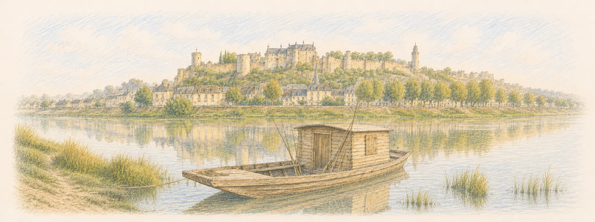 Vue illustrée de Chinon et de sa forteresse depuis la Vienne